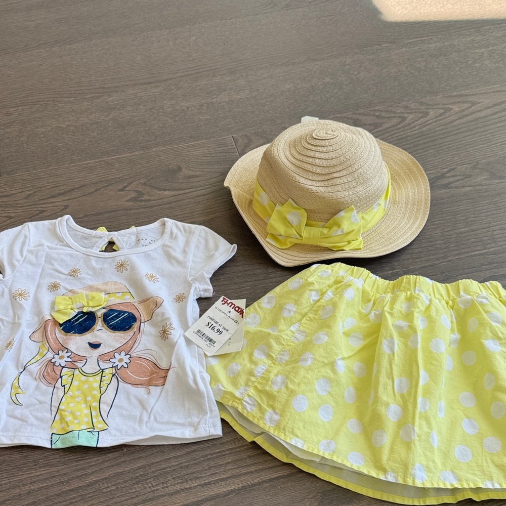 Max Studio Girls Yellow and White Polka Dot Matching Set with Straw Hat- Size 4
